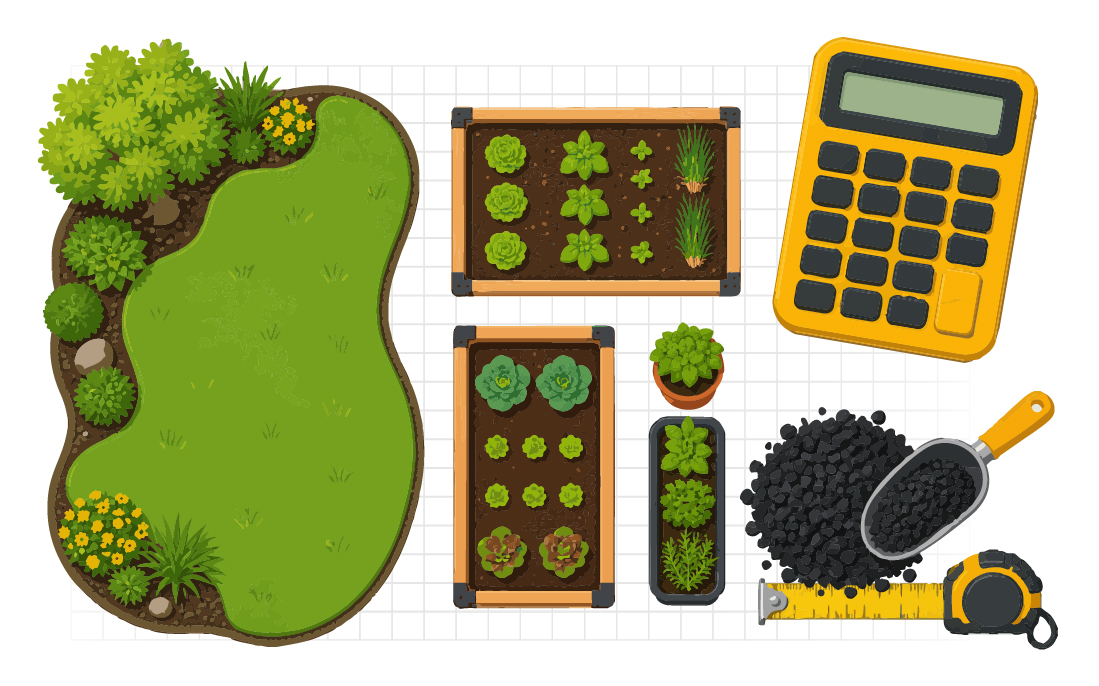 Illustrated garden planning layout with raised beds, lawn, calculator, tape measure, and biochar