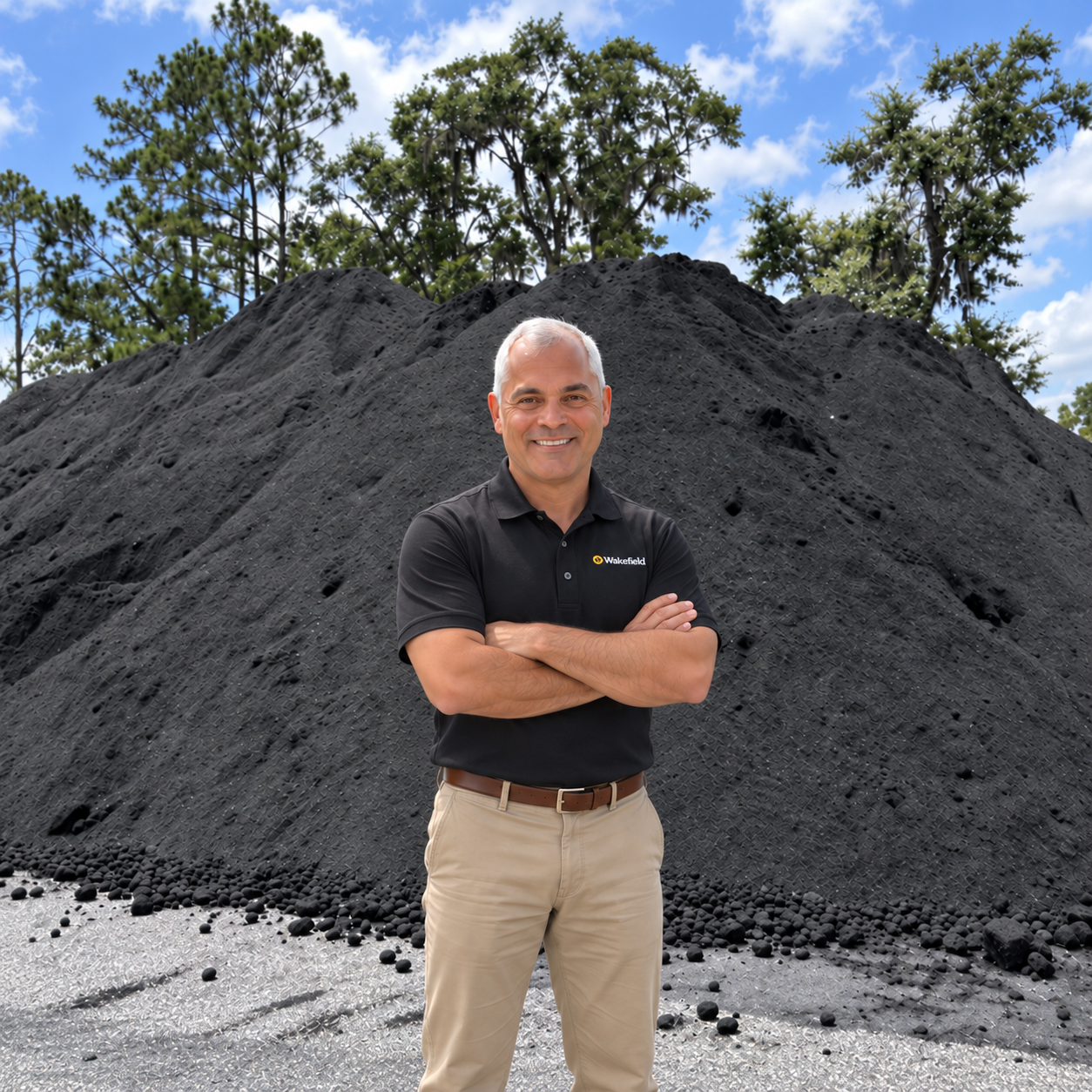 Tom Marrero in a Wakefield polo in front of a biochar pile
